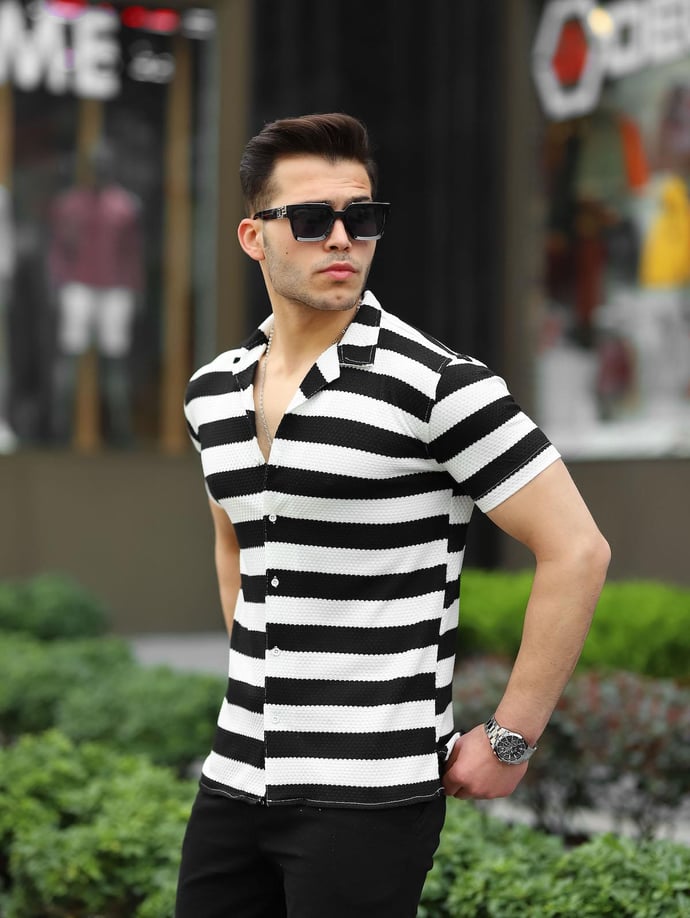Çizgili Pamuk Örme Premium Fit Gömlek - Justyol