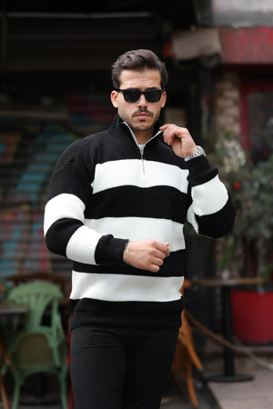 oversize çizgili selanik örgülü yarim fermuar triko erkek kazak - Justyol