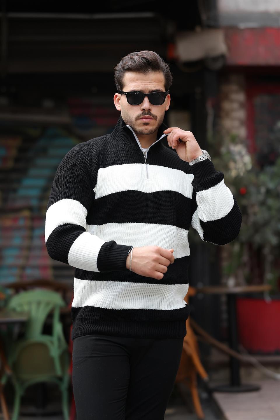 oversize çizgili selanik örgülü yarim fermuar triko erkek kazak - Justyol