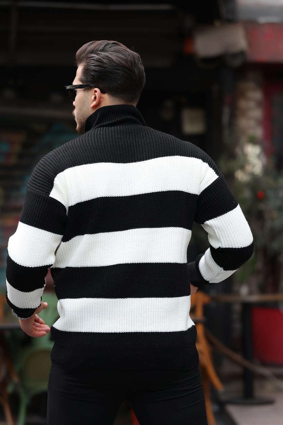 oversize çizgili selanik örgülü yarim fermuar triko erkek kazak - Justyol