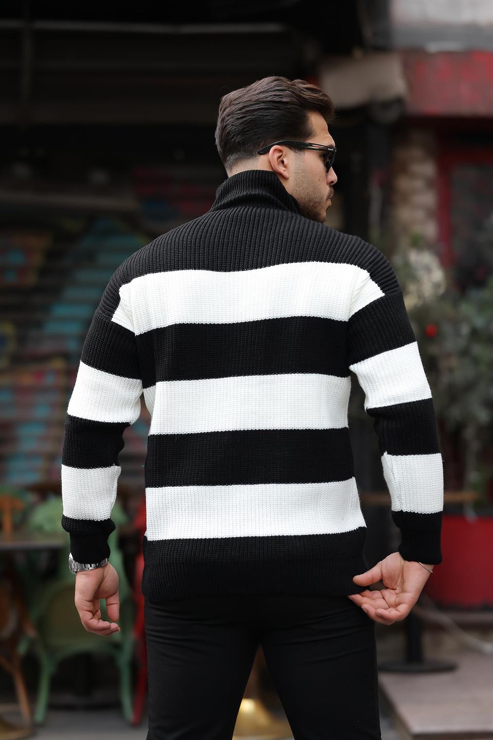 oversize çizgili selanik örgülü yarim fermuar triko erkek kazak - Justyol