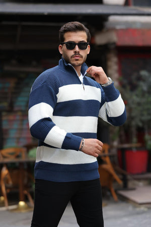 oversize çizgili selanik örgülü yarim fermuar triko erkek kazak - Justyol