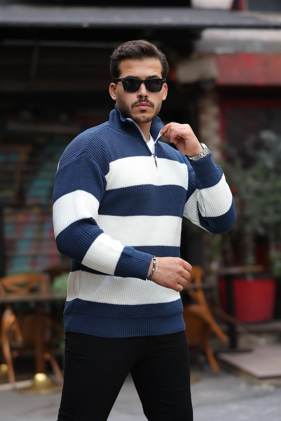 oversize çizgili selanik örgülü yarim fermuar triko erkek kazak - Justyol