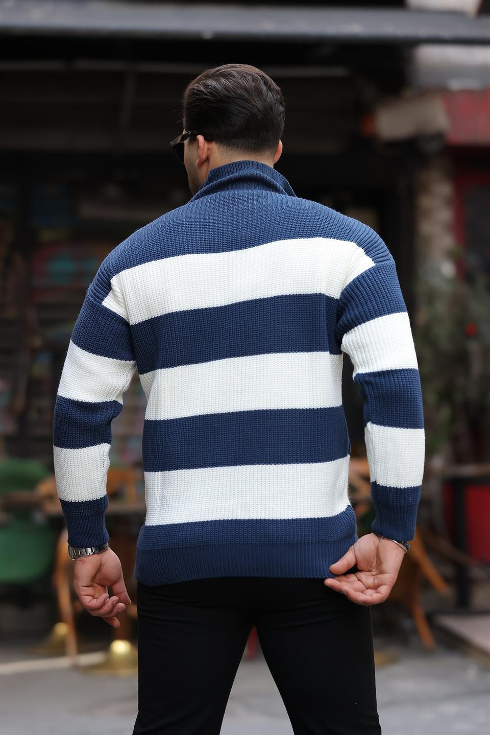 oversize çizgili selanik örgülü yarim fermuar triko erkek kazak - Justyol