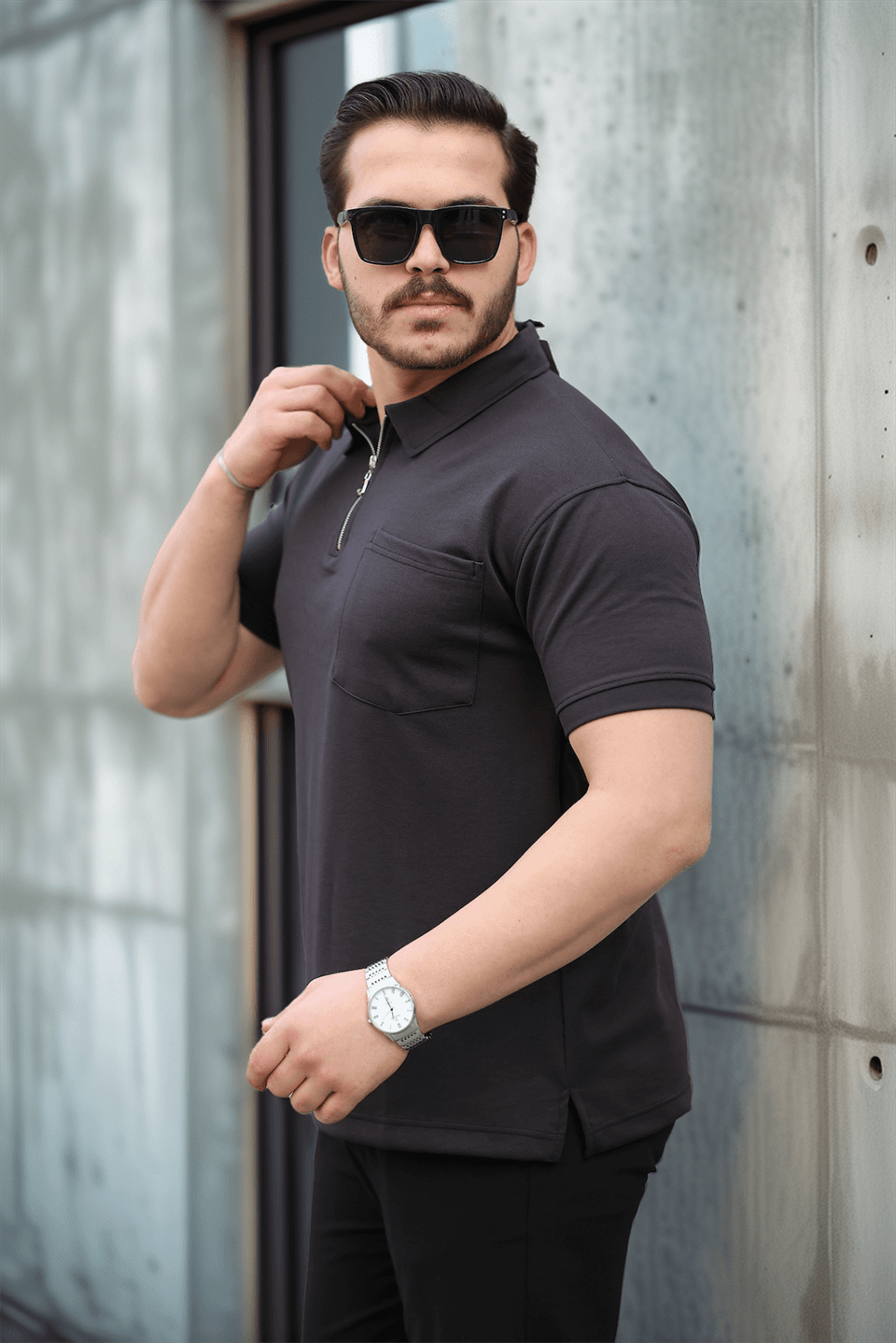 yarim fermuar tek cepli erkek t-shirt - Justyol