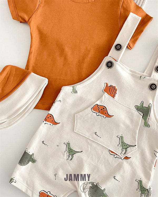 dino bucket hat and overalls / body set - tile brown - Justyol