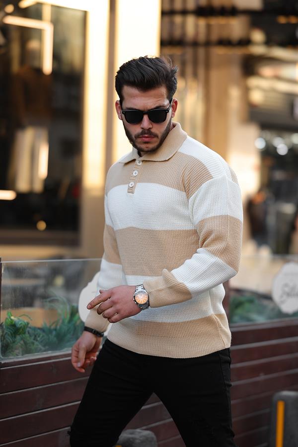 Düğmeli Polo Yaka Yarım Oversize Çizgili Lacivert - Justyol