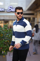 Düğmeli Polo Yaka Yarım Oversize Çizgili Lacivert - Justyol