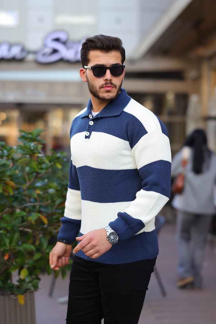 Düğmeli Polo Yaka Yarım Oversize Çizgili Lacivert - Justyol