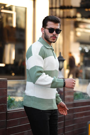 Düğmeli Polo Yaka Yarım Oversize Çizgili Lacivert - Justyol