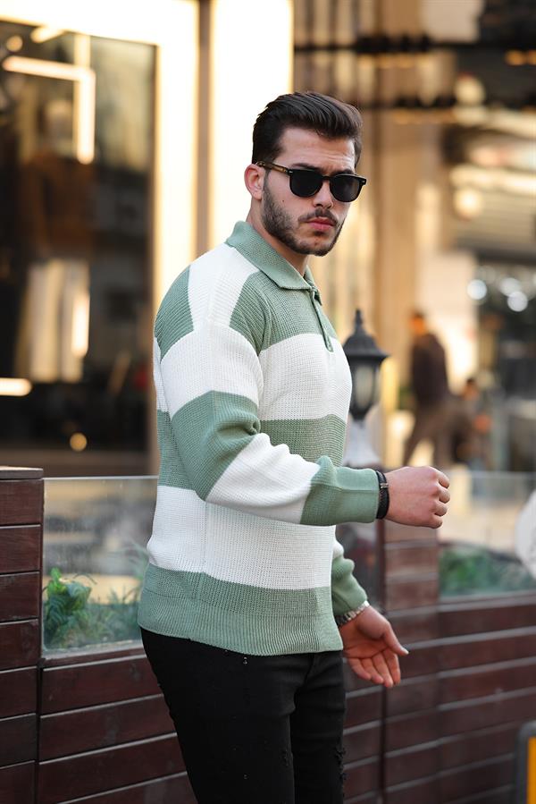 Düğmeli Polo Yaka Yarım Oversize Çizgili Lacivert - Justyol