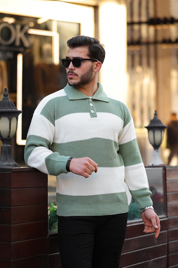 Düğmeli Polo Yaka Yarım Oversize Çizgili Lacivert - Justyol