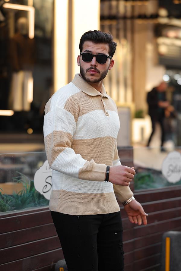 Düğmeli Polo Yaka Yarım Oversize Çizgili Lacivert - Justyol