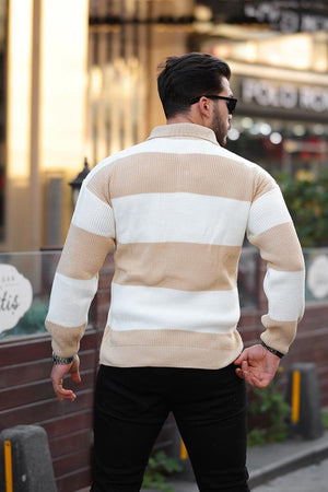 Düğmeli Polo Yaka Yarım Oversize Çizgili Lacivert - Justyol