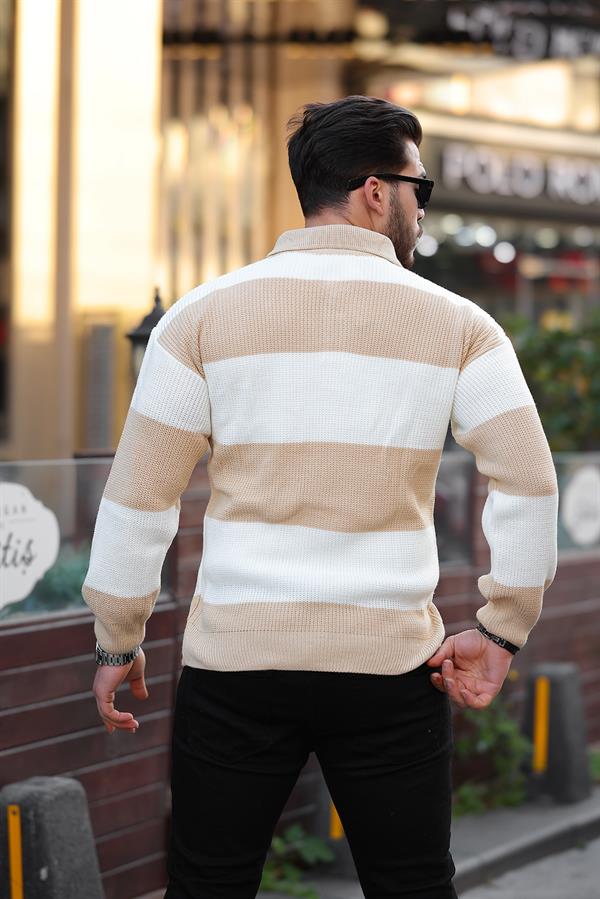 Düğmeli Polo Yaka Yarım Oversize Çizgili Lacivert - Justyol