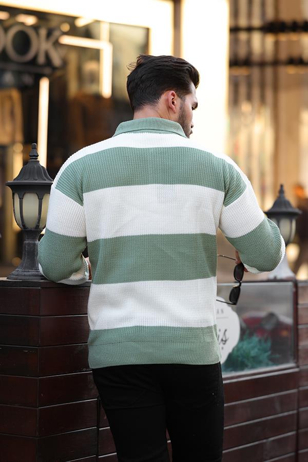 Düğmeli Polo Yaka Yarım Oversize Çizgili Lacivert - Justyol