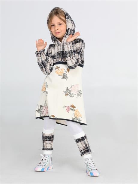 ekose baskili hoodie kiz elbise + tozluk takim - Justyol