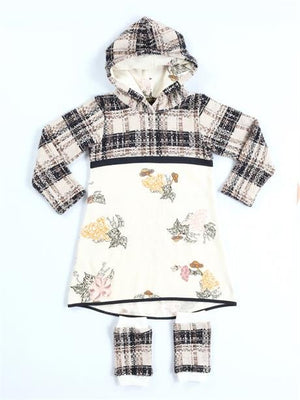 ekose baskili hoodie kiz elbise + tozluk takim - Justyol