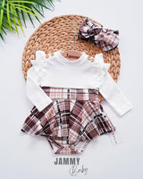plaid pattern shoulder ruffle bandana bodysuit dress set - Justyol