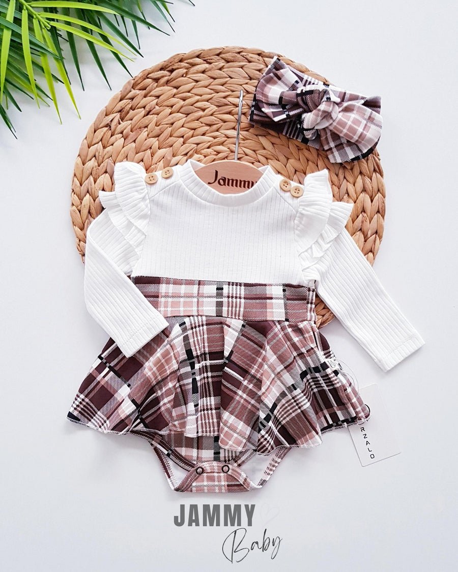 plaid pattern shoulder ruffle bandana bodysuit dress set - Justyol