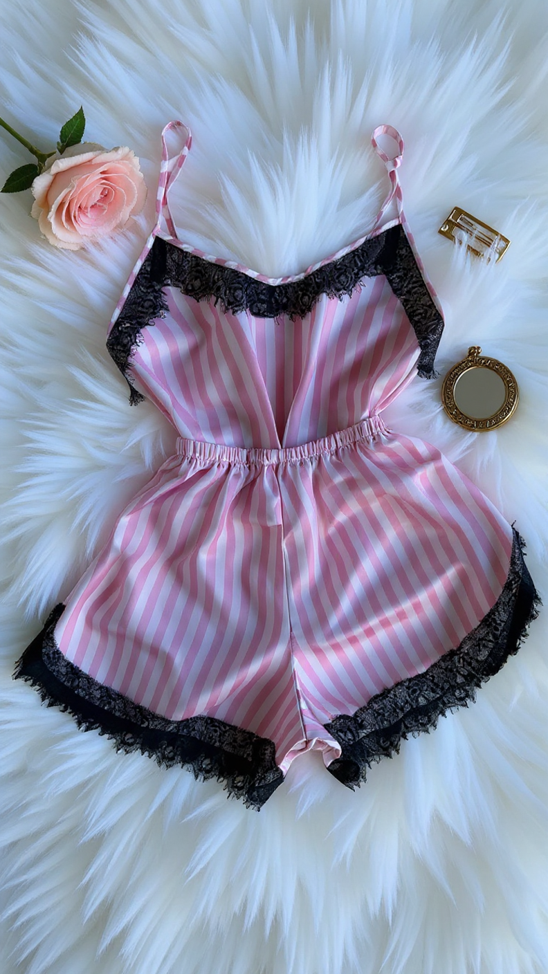 Nightsuit 155 -Striped Satin Nightwear Set with Elegant Lace Detail Erotica
