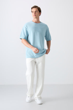 pamuklu kalin yumuşak dokulu oversize fit baskili erkek t-shirt - 88320 - Justyol