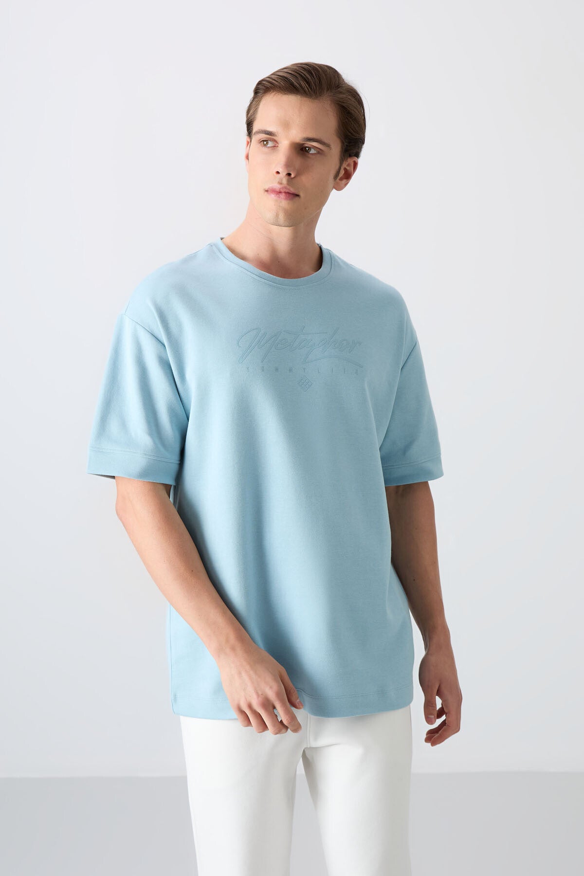 pamuklu kalin yumuşak dokulu oversize fit baskili erkek t-shirt - 88320 - Justyol