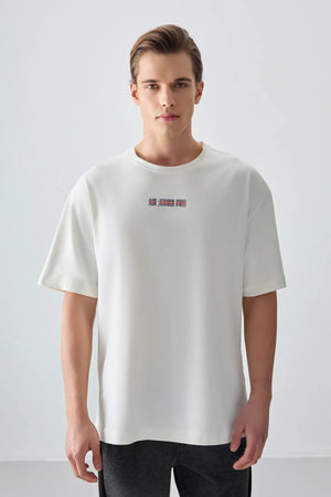 %100 pamuk kalin yumuşak dokulu oversize fit baskili erkek t-shirt - 88354 - Justyol