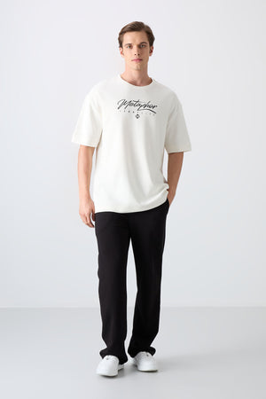 pamuklu kalin yumuşak dokulu oversize fit baskili erkek t-shirt - 88320 - Justyol