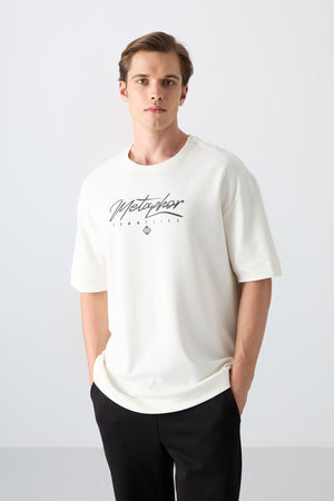 pamuklu kalin yumuşak dokulu oversize fit baskili erkek t-shirt - 88320 - Justyol
