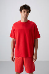 pamuklu kalin yüzeyi dokulu oversize fit basic erkek t-shirt - 88340 - Justyol