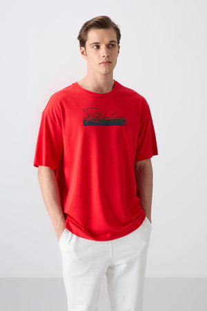 pamuklu kalin yumuşak dokulu oversize fit baskili erkek t-shirt - 88334 - Justyol