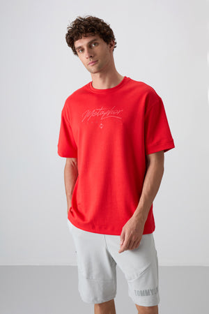 pamuklu kalin yumuşak dokulu oversize fit baskili erkek t-shirt - 88320 - Justyol