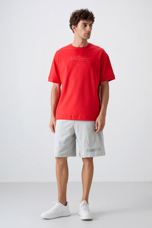 pamuklu kalin yumuşak dokulu oversize fit baskili erkek t-shirt - 88320 - Justyol