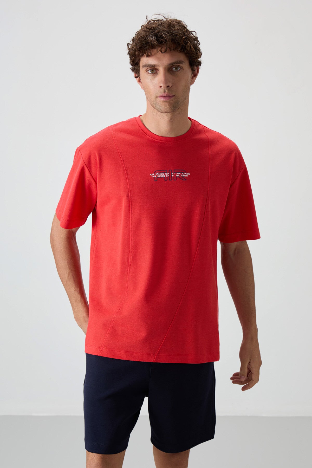 pamuklu kalin yüzeyi dokulu oversize fit baskili erkek t-shirt - 88372 - Justyol