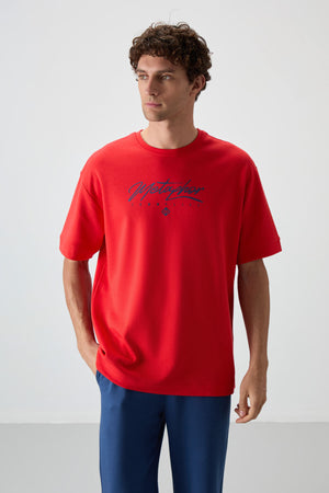pamuklu kalin yumuşak dokulu oversize fit baskili erkek t-shirt - 88320 - Justyol
