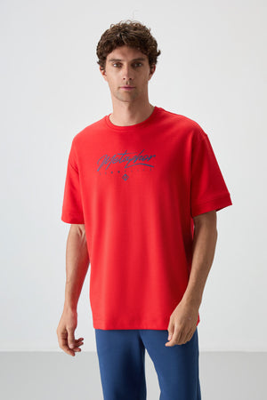 pamuklu kalin yumuşak dokulu oversize fit baskili erkek t-shirt - 88320 - Justyol