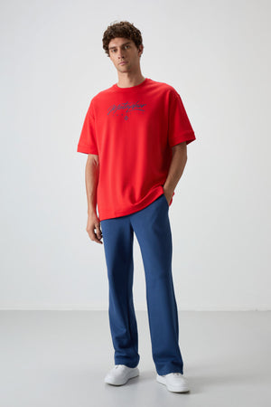 pamuklu kalin yumuşak dokulu oversize fit baskili erkek t-shirt - 88320 - Justyol