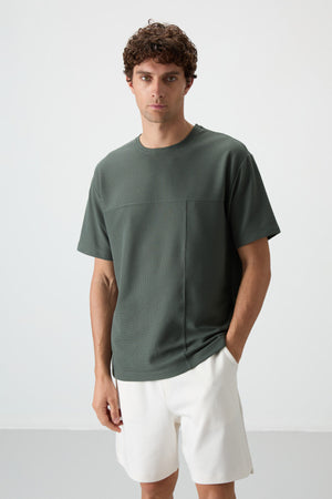 waffle interlok yüzeyi dokulu oversize fit basic erkek t-shirt - 88380 - Justyol