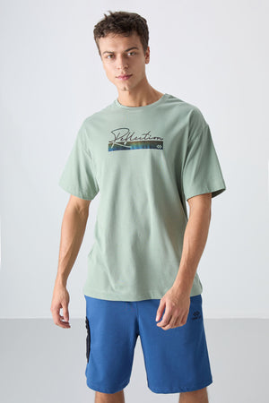 pamuklu kalin yumuşak dokulu oversize fit baskili erkek t-shirt - 88334 - Justyol
