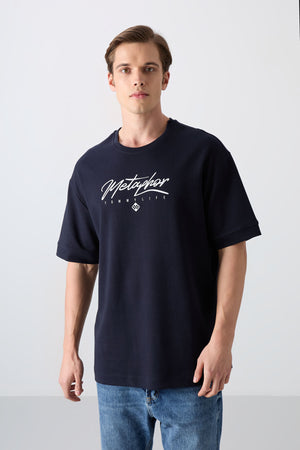 pamuklu kalin yumuşak dokulu oversize fit baskili erkek t-shirt - 88320 - Justyol