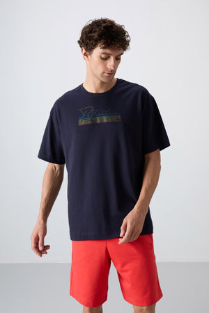 pamuklu kalin yumuşak dokulu oversize fit baskili erkek t-shirt - 88334 - Justyol