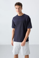 pamuklu kalin yüzeyi dokulu oversize fit basic erkek t-shirt - 88340 - Justyol