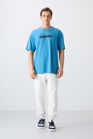 pamuklu kalin yumuşak dokulu oversize fit baskili erkek t-shirt - 88334 - Justyol