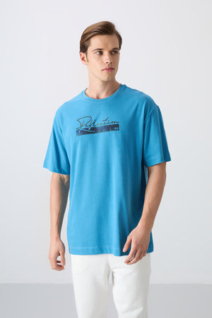 pamuklu kalin yumuşak dokulu oversize fit baskili erkek t-shirt - 88334 - Justyol