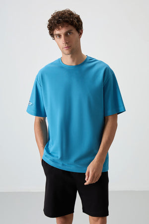 pamuklu kalin yüzeyi dokulu oversize fit baskili erkek t-shirt - 88369 - Justyol