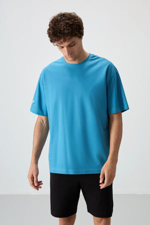 pamuklu kalin yüzeyi dokulu oversize fit baskili erkek t-shirt - 88369 - Justyol