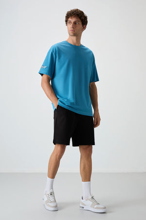 pamuklu kalin yüzeyi dokulu oversize fit baskili erkek t-shirt - 88369 - Justyol