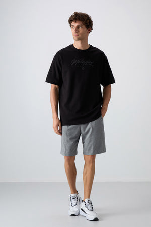 pamuklu kalin yumuşak dokulu oversize fit baskili erkek t-shirt - 88320 - Justyol