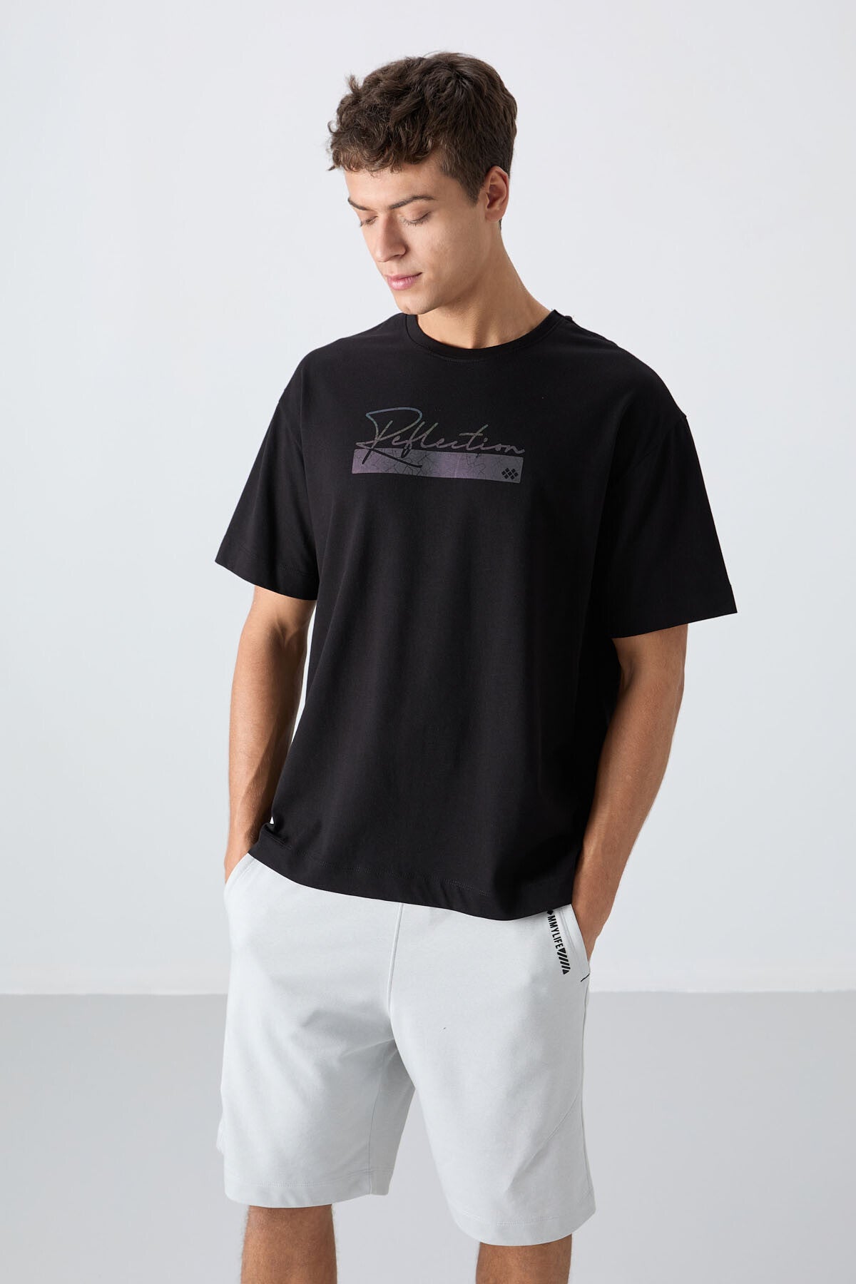 pamuklu kalin yumuşak dokulu oversize fit baskili erkek t-shirt - 88334 - Justyol